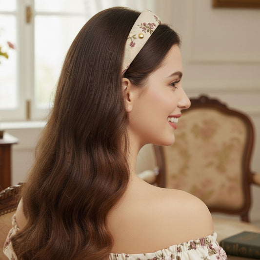 Serre-tête Large Calissa en Tissu Fleuri Crème