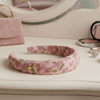 Serre-tête Large Calissa en Tissu Fleuri Rose