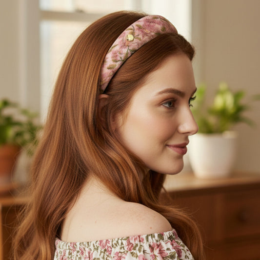 Serre-tête Large Calissa en Tissu Fleuri Rose