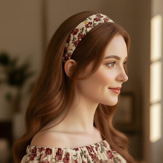 Serre-tête Large Calissa en Tissu Fleuri Blanc