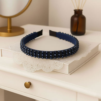 Serre-tête bleu tissu carreaux avec perles decoratives