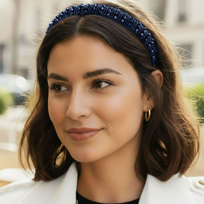 Serre-tête bleu tissu carreaux avec perles decoratives