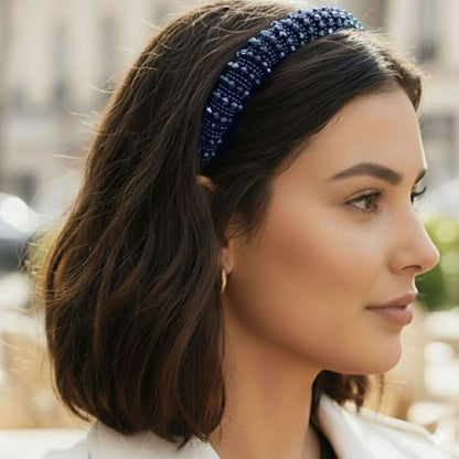 Serre-tête bleu tissu carreaux avec perles decoratives