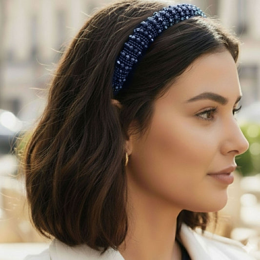 Serre-tête bleu tissu carreaux avec perles decoratives
