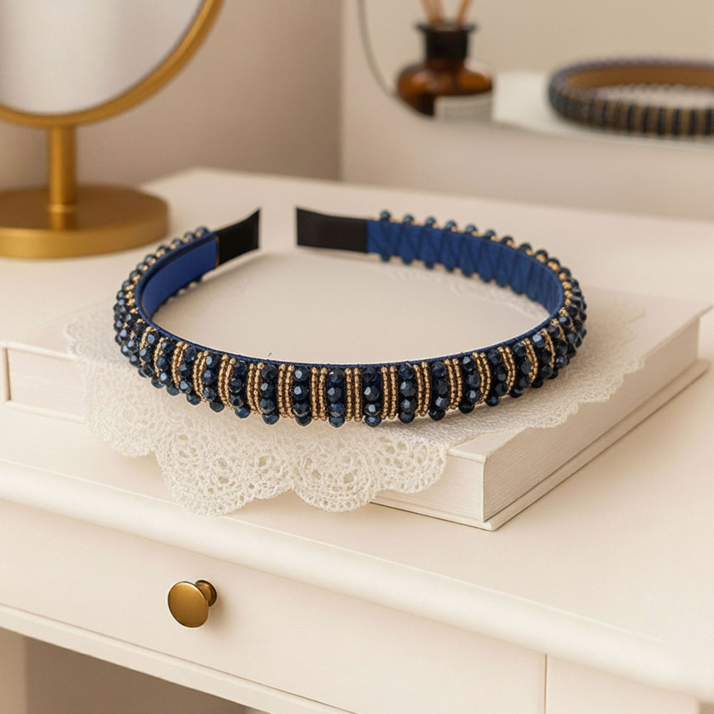 Serre-tête bleu doré tissu carreaux avec perles decoratives