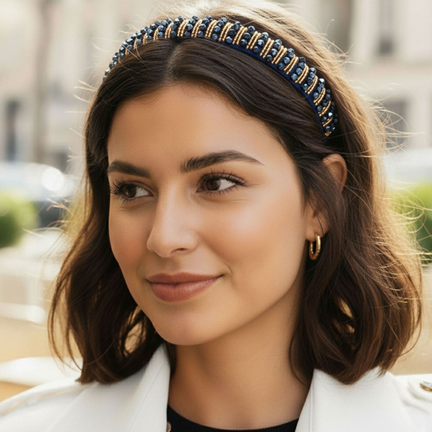 Serre-tête bleu tissu carreaux avec perles decoratives