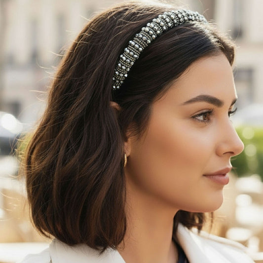 Serre-tête argenté tissu carreaux avec perles decoratives