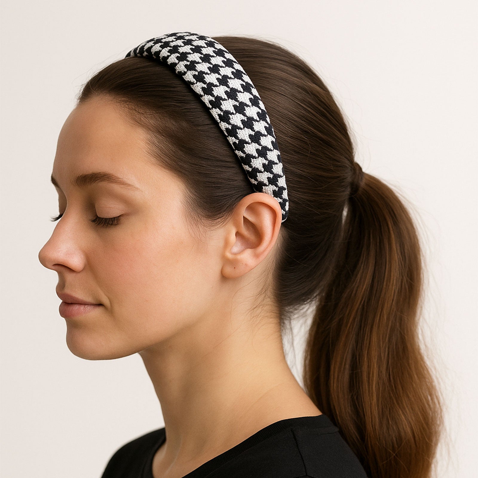 Serre-tête Large en Tissu Jacquard Pied de Poule