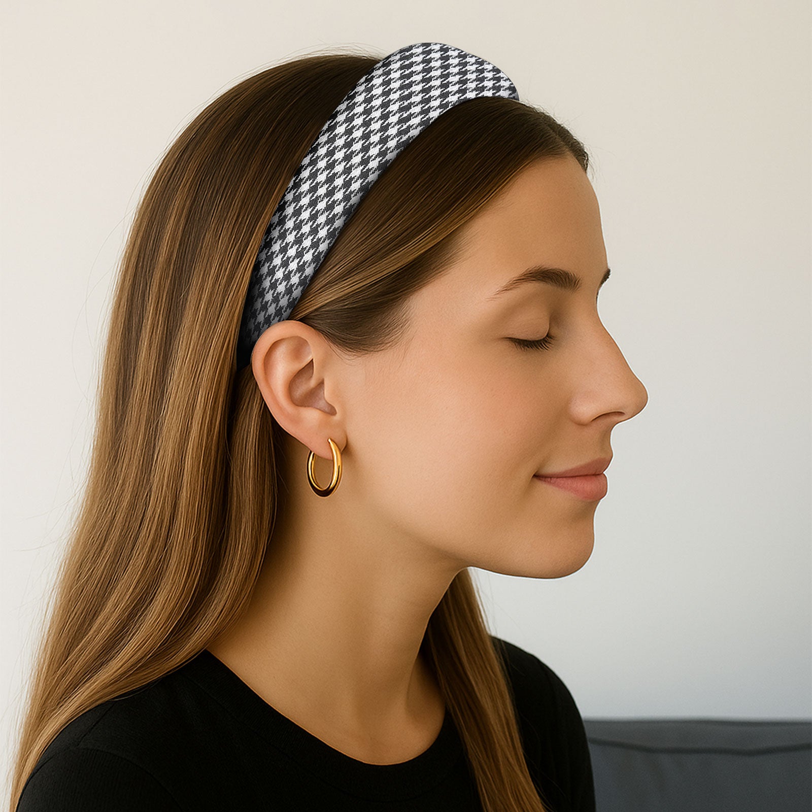 Serre-tête Large en Tissu Jacquard Pied de Poule