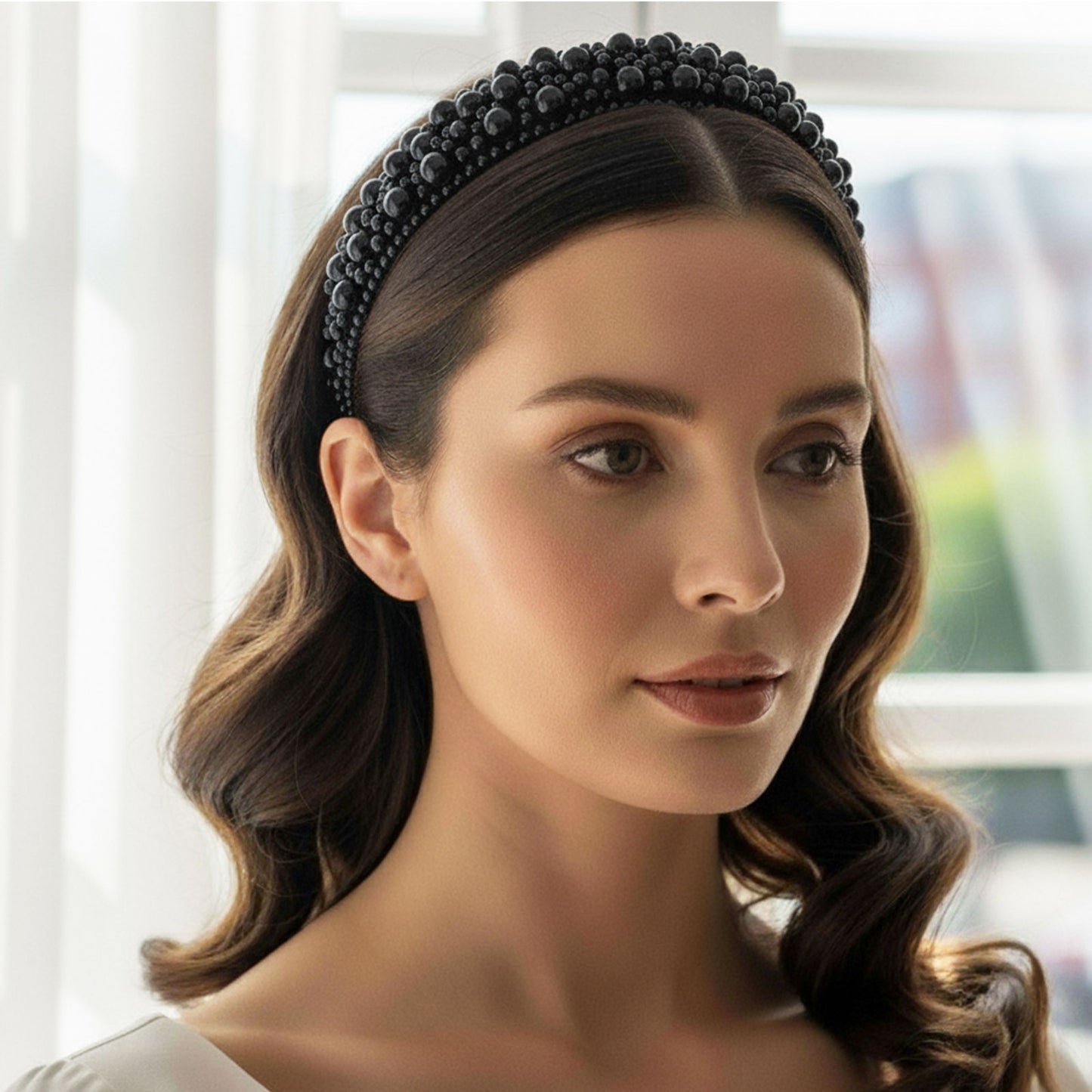 Serre-tête Large Nyssa Couronne de Perles Noir