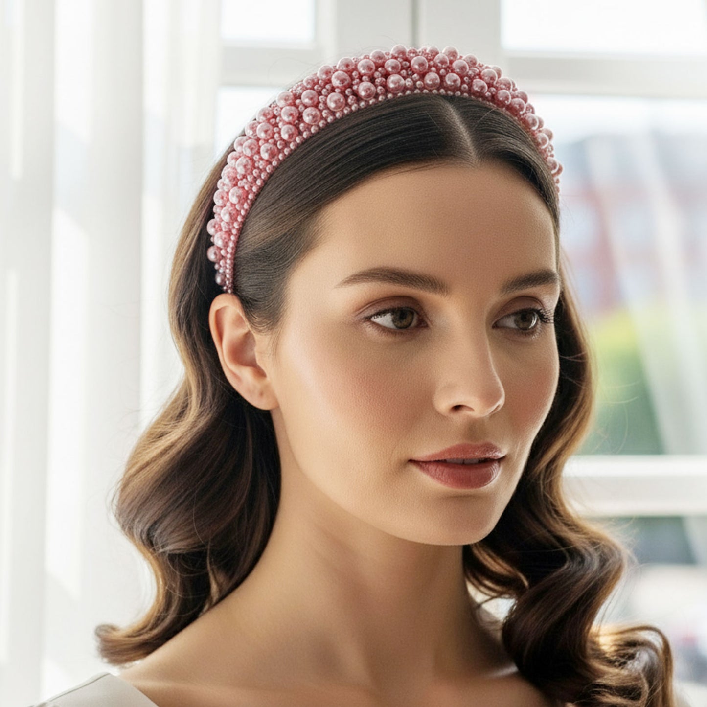 Serre-tête Large Nyssa Couronne de Perles Rose