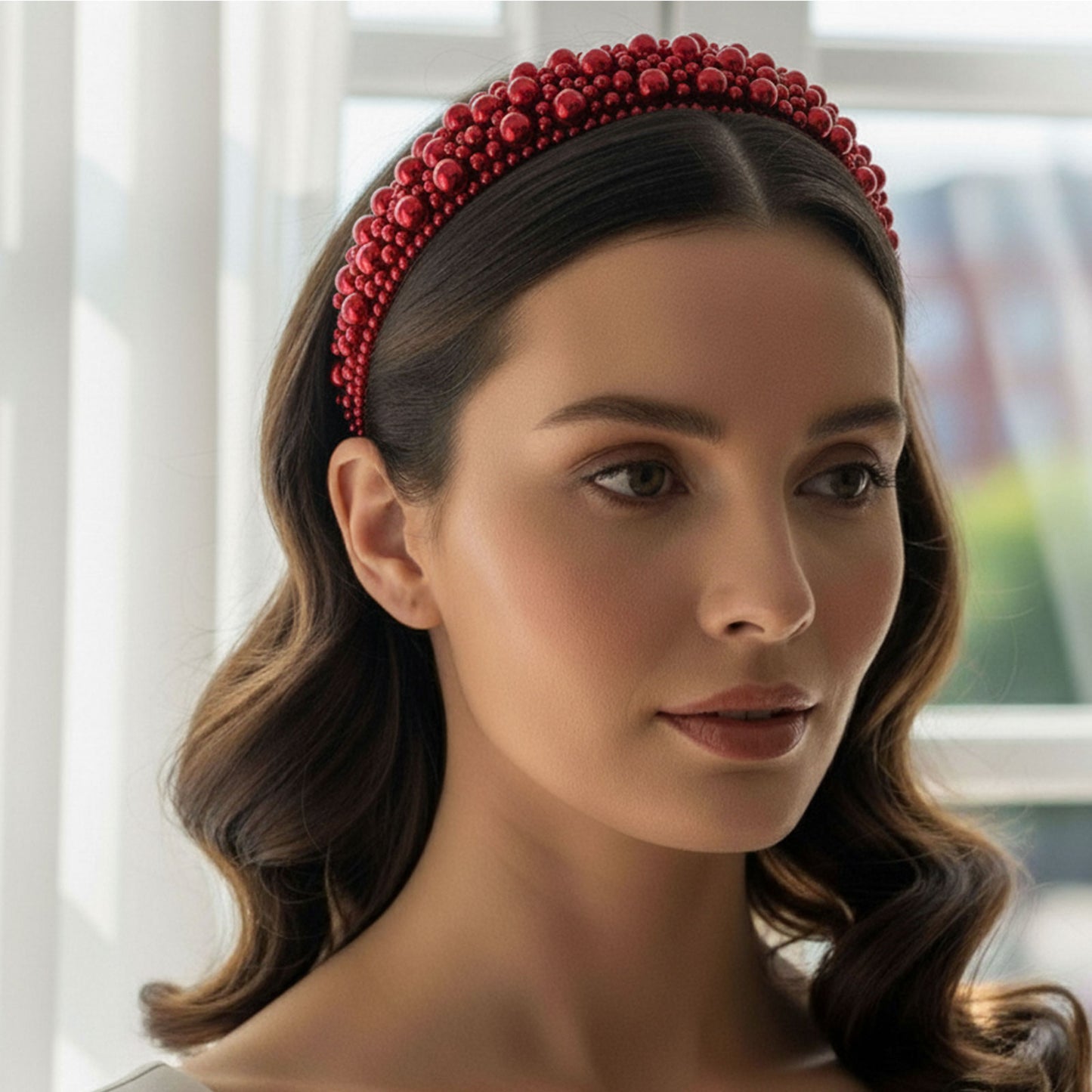 Serre-tête Large Nyssa Couronne de Perles Rouge