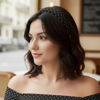 Serre-tête Large à Pois Alexandra en Tissu Doux Noir