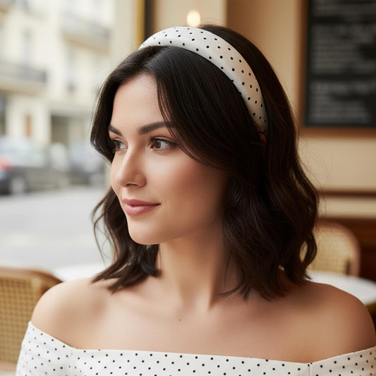 Serre-tête Large à Pois Alexandra en Tissu Doux Blanc