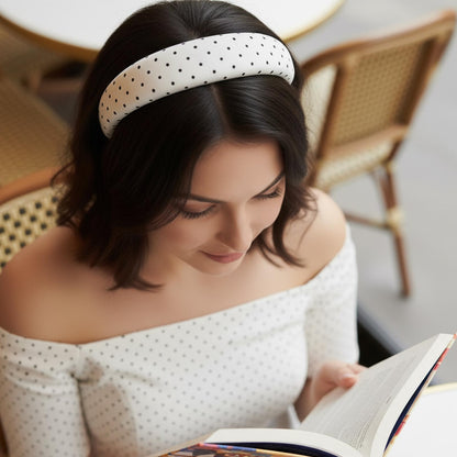 Serre-tête Large à Pois Alexandra en Tissu Doux Blanc