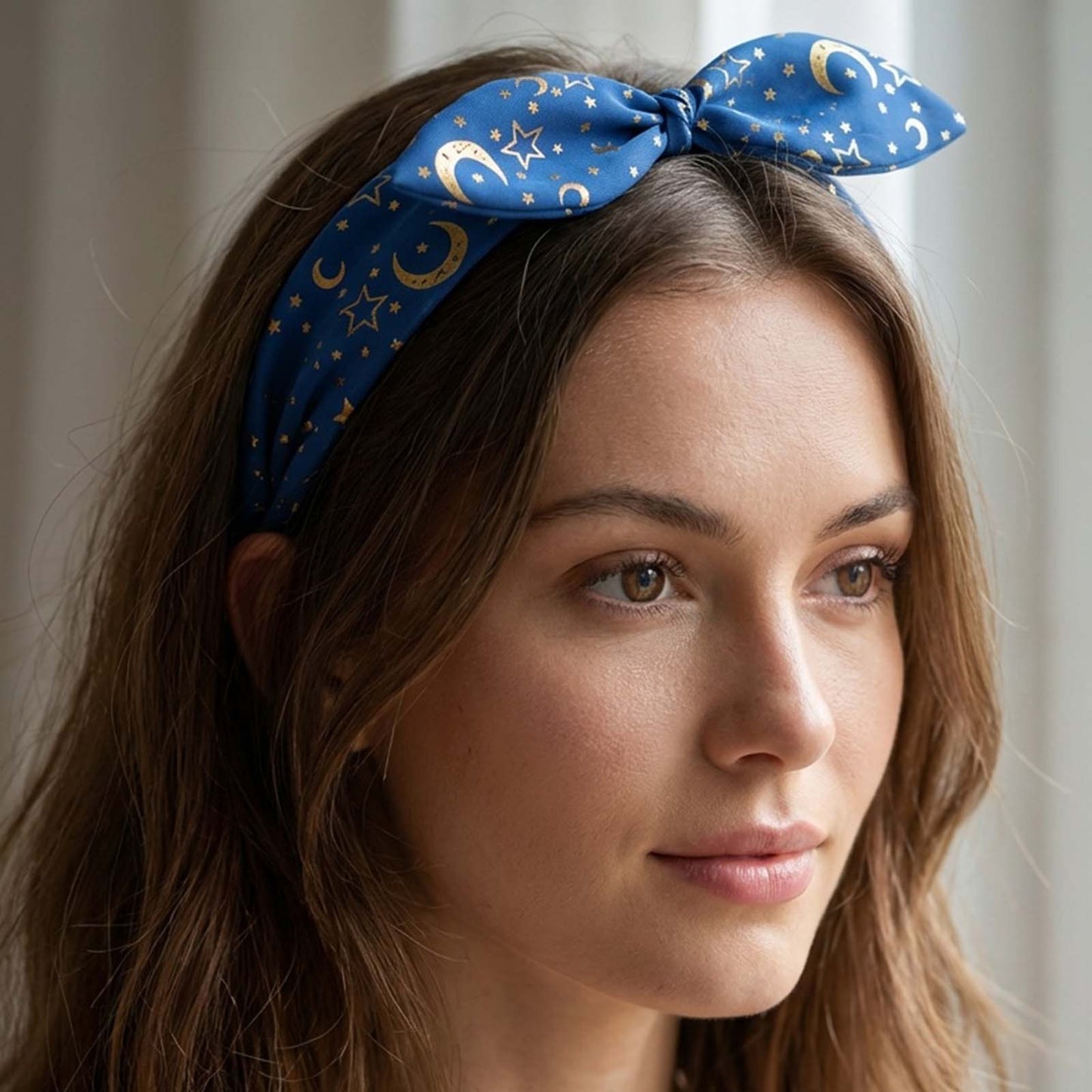 Serre-tête en Tissu Ciel Astral à Nœud Imprimé Bleu