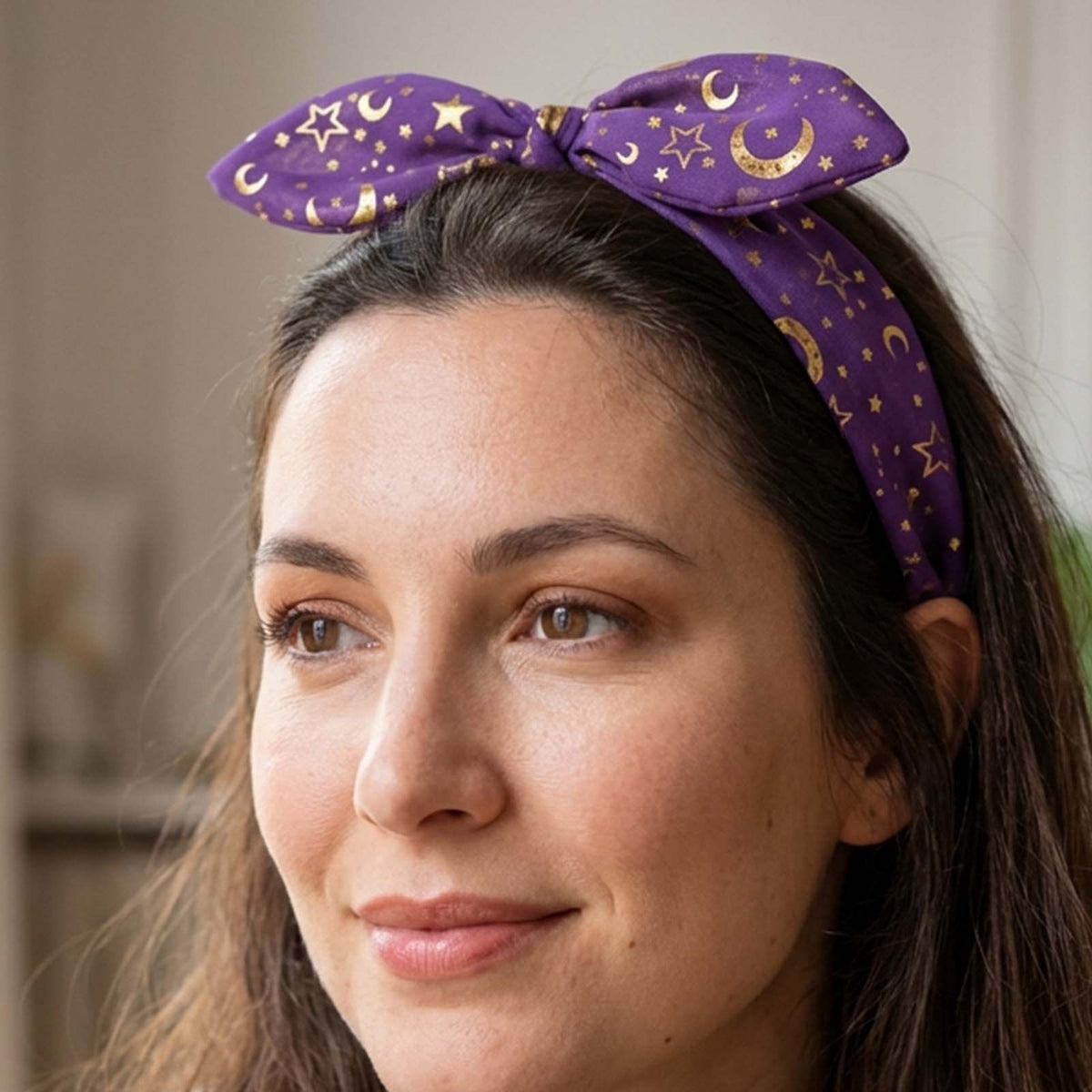 Serre-tête en Tissu Ciel Astral à Nœud Imprimé Violet