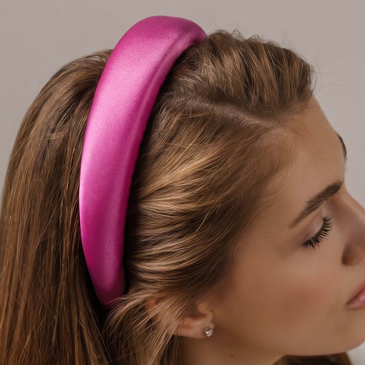 Serre-tête Large Laurel en Satin Coussiné Fuchsia