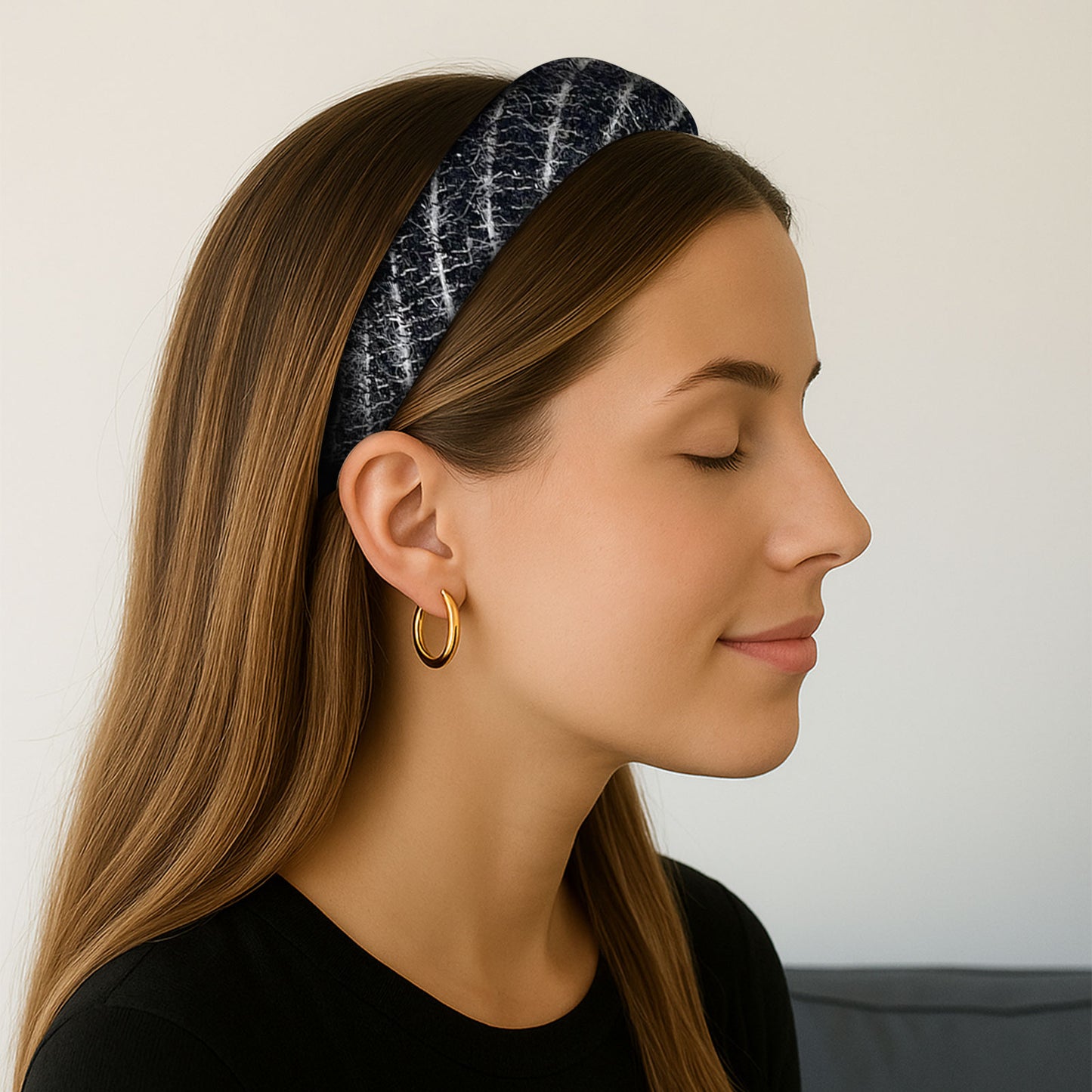 Serre-tête Large en Tweed et Strass Vikki Noir