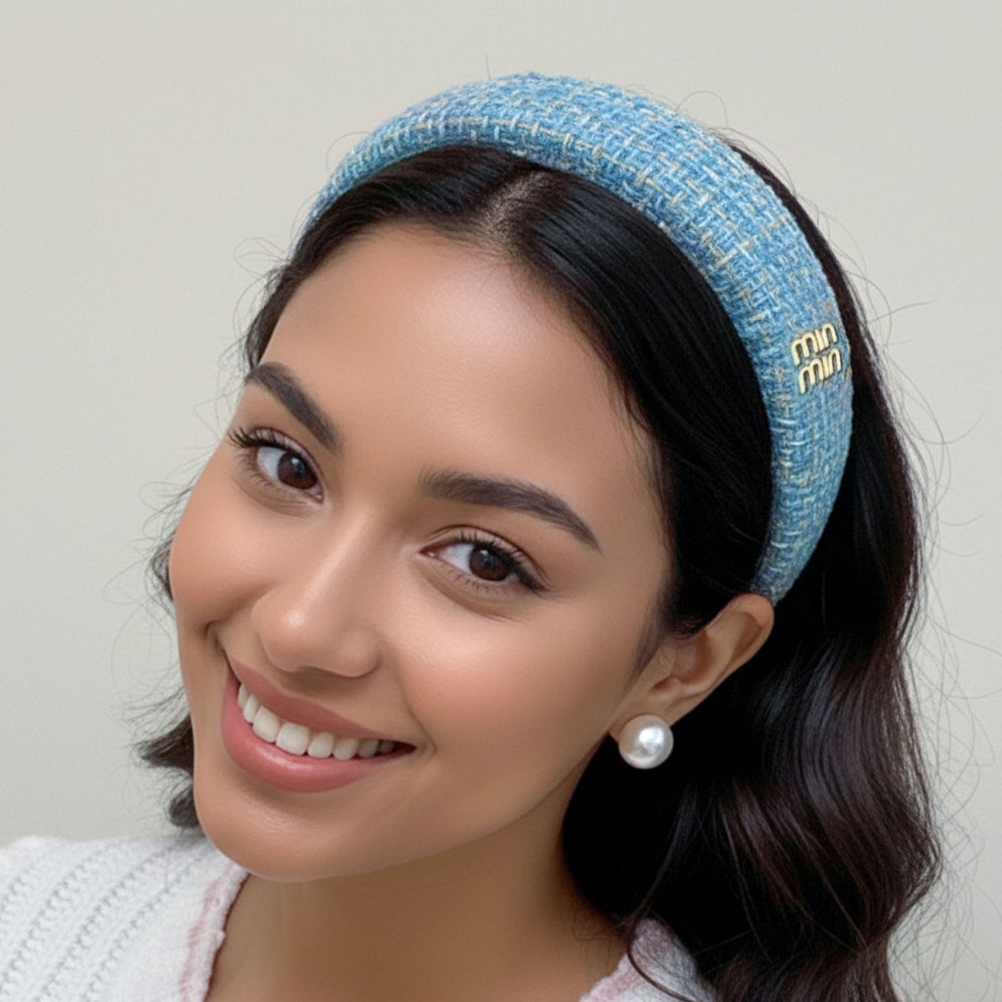 Serre-tête Large Romi en Tweed Coussiné Bleu Ciel