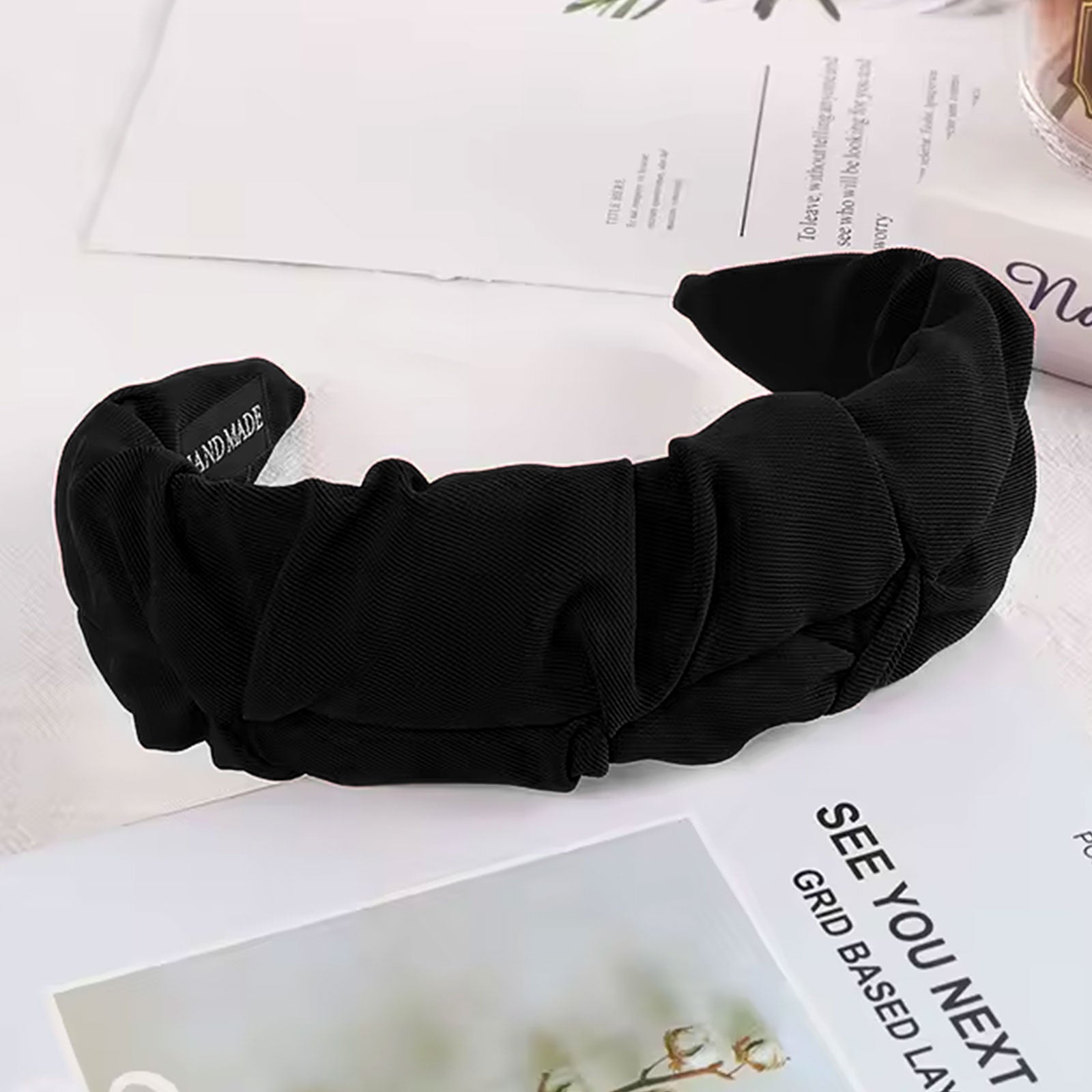 Serre-Tête Tressé pour Cheveux en Tissu Doux Uni Vintage Noir
