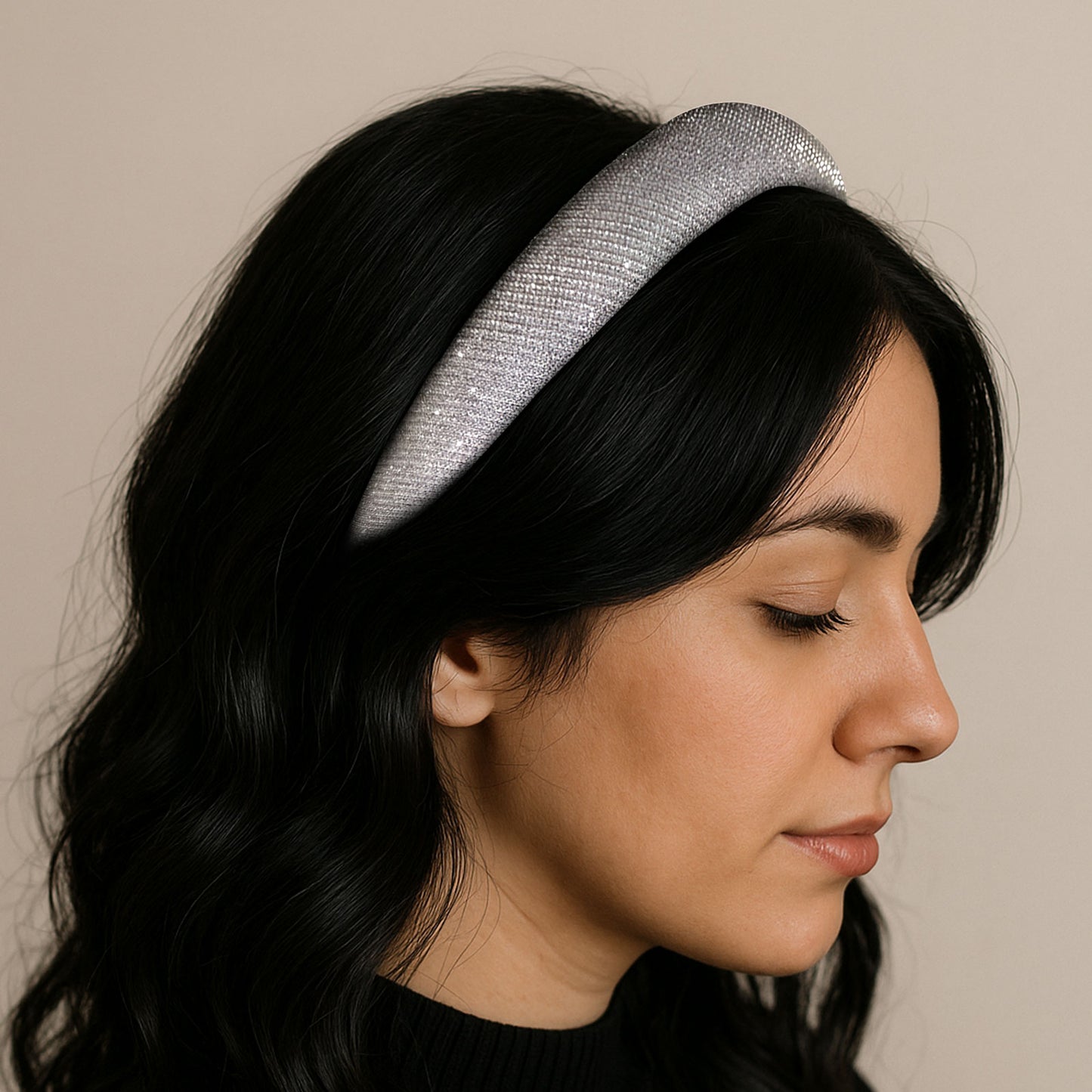 Serre-Tête Large pour Cheveux en Tissu Brillant Uni Rétro Gris Argenté