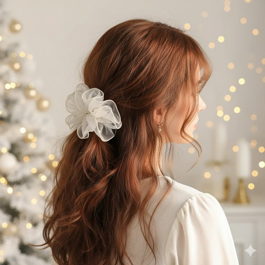 Chouchou en Tissu avec Perles Blanc