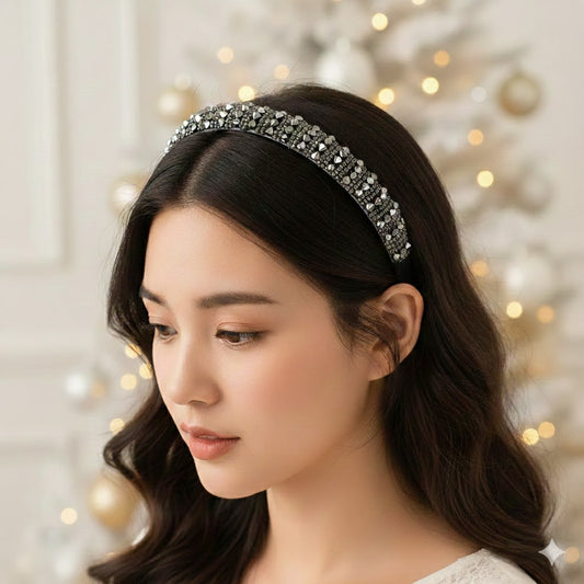 Serre-tête argenté tissu carreaux avec perles decoratives